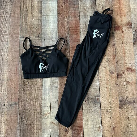 Womens Black Raw Activewear Set With Crisscross Crop Top & High Waist Leggings - Picture 1 of 10